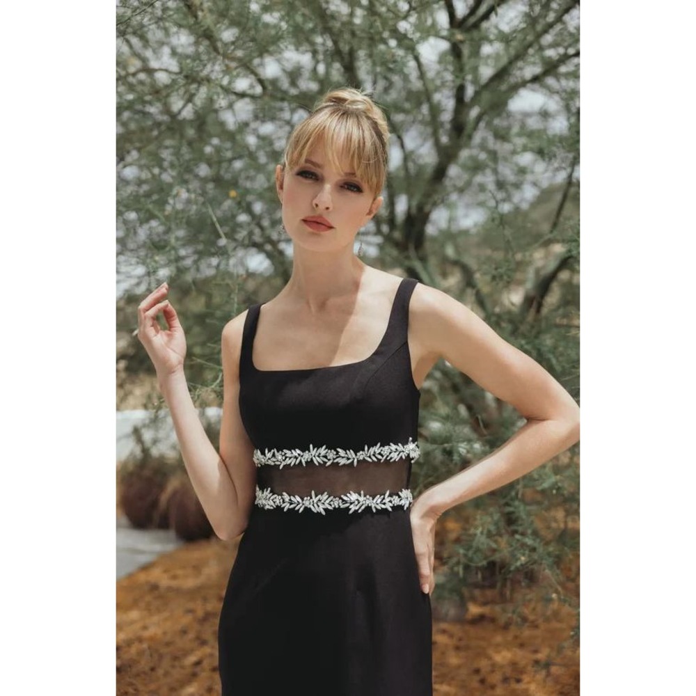 NWT Mac Duggal Black‎ Crepe Ruffle Hem Midi Dress With Jewel Detail - Size 8 - Picture 2 of 14